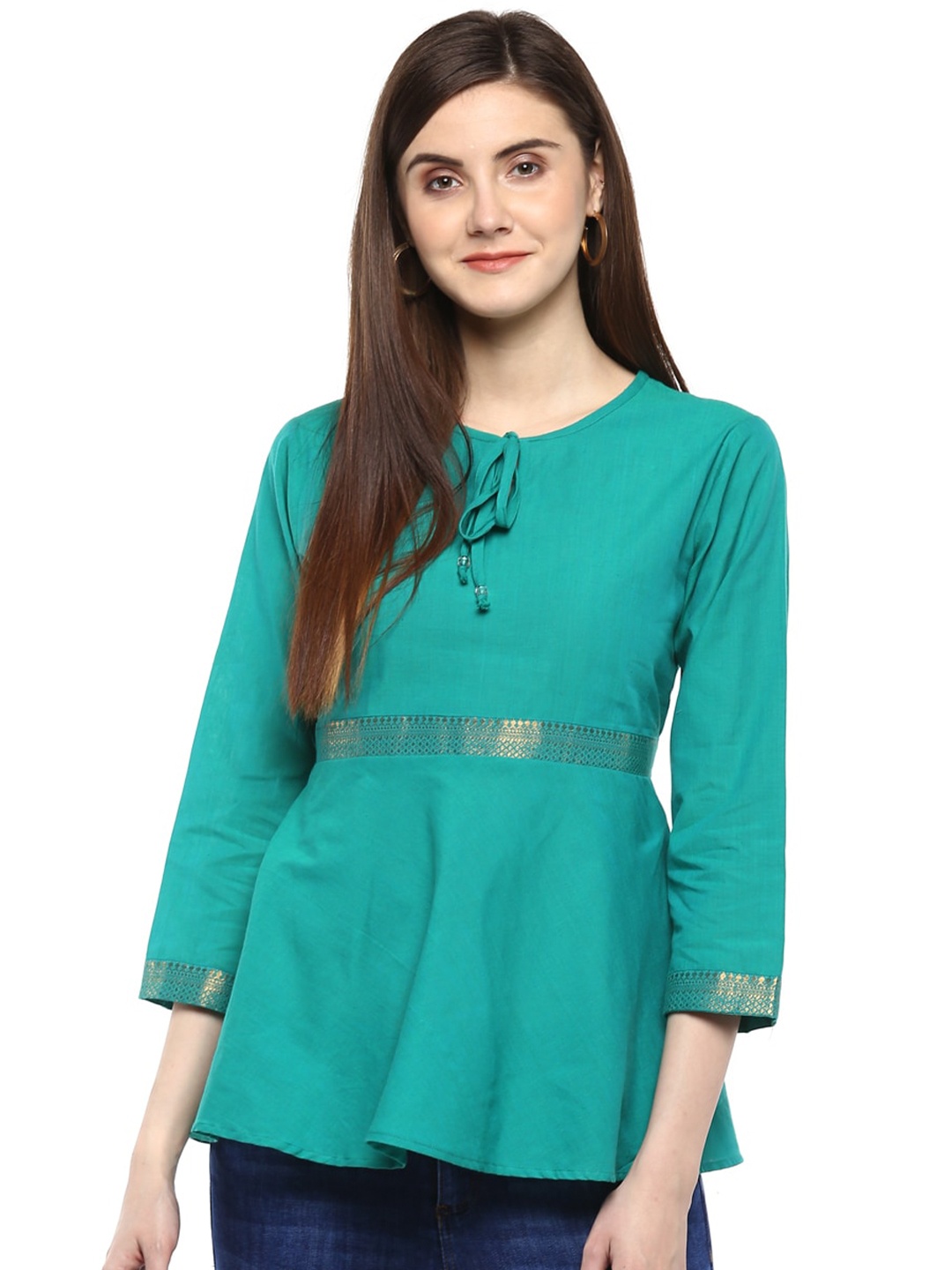 

Bhama Couture Tie-Up Neck Cotton Peplum Top, Sea green