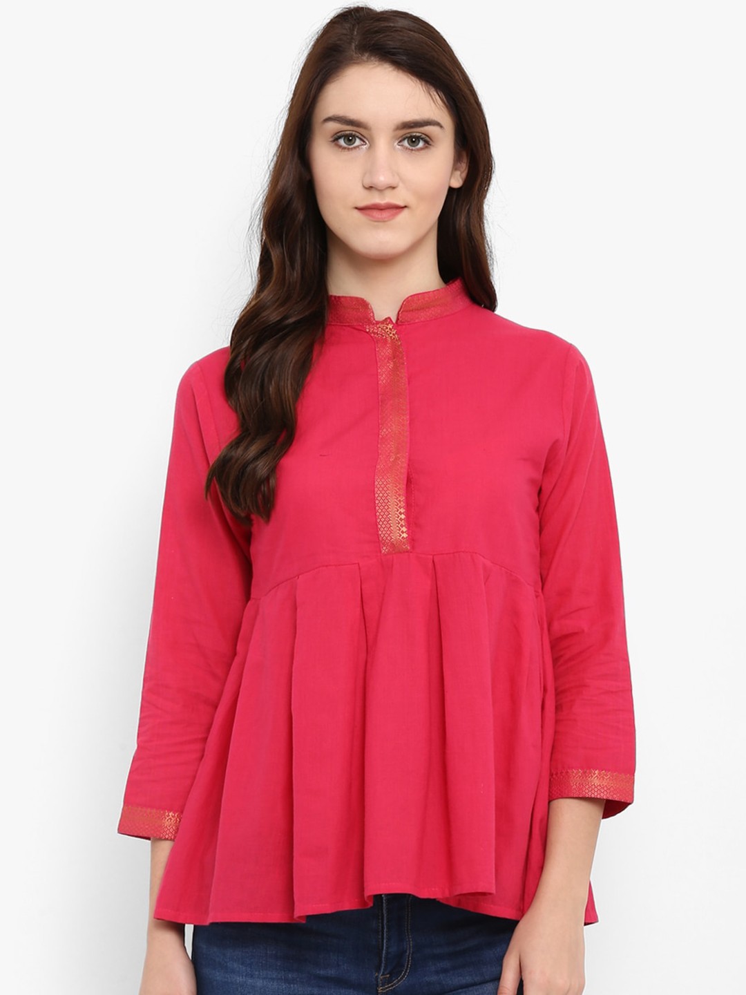 

Bhama Couture Mandarin Collar Cotton A-Line Top, Pink