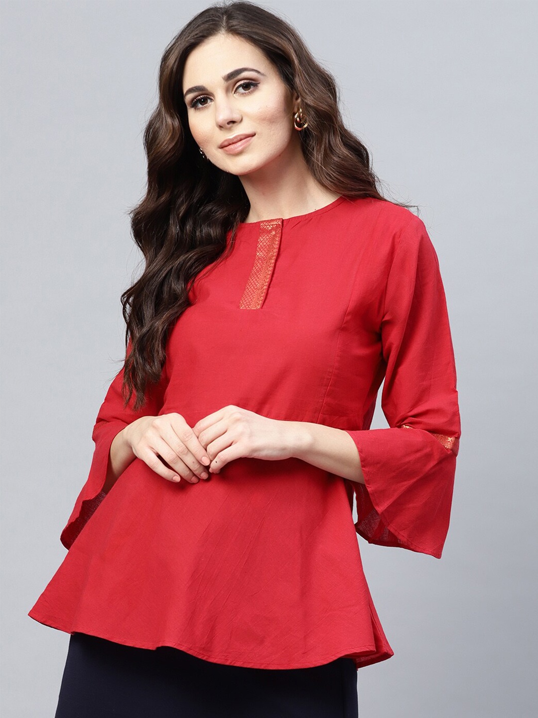 

Bhama Couture Bell Sleeves Cotton Peplum Top, Red