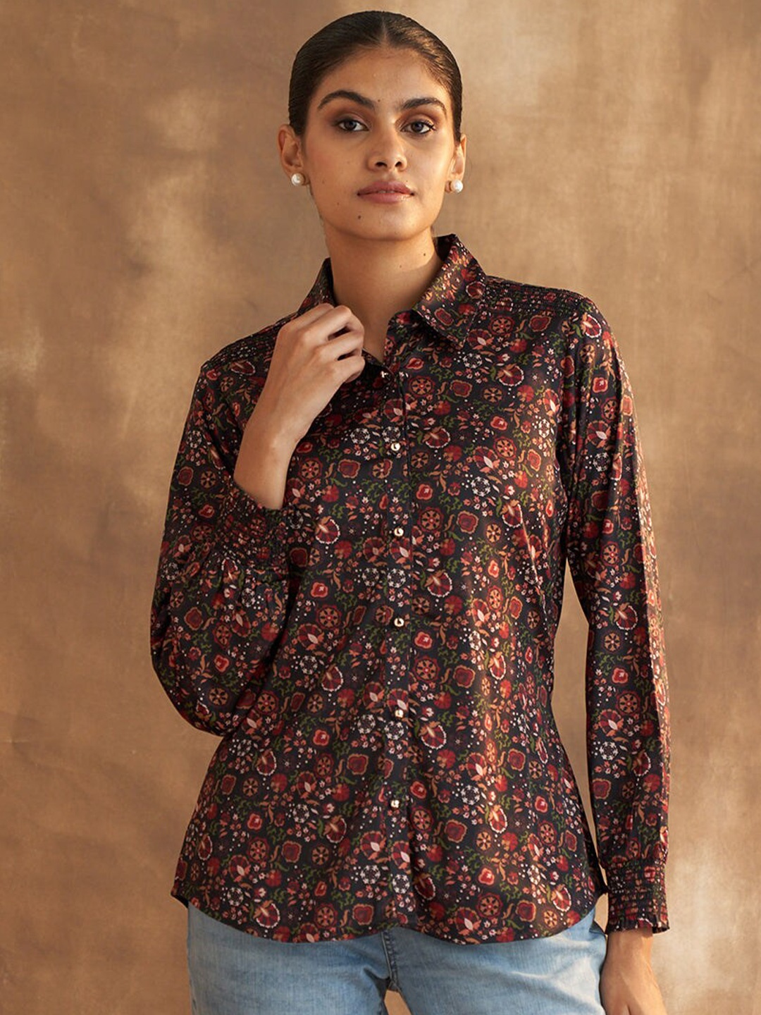 

Lakshita Comfort Ethnic Motifs Printed Casual Cotton Shirt, Brown