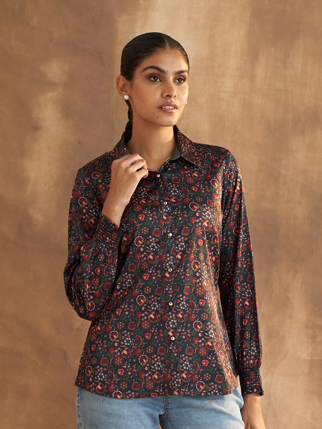 

Lakshita Comfort Ethnic Motifs Printed Casual Cotton Shirt, Brown