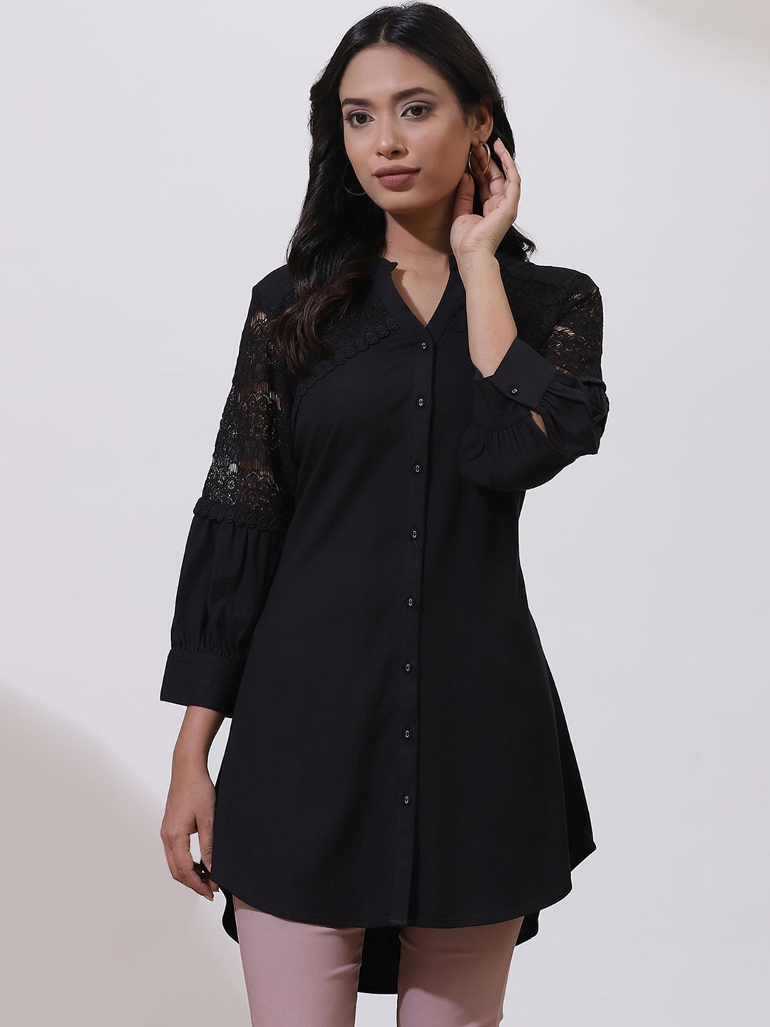 

Lakshita Comfort Lace Detail Band Collar Casual Shirt, Black