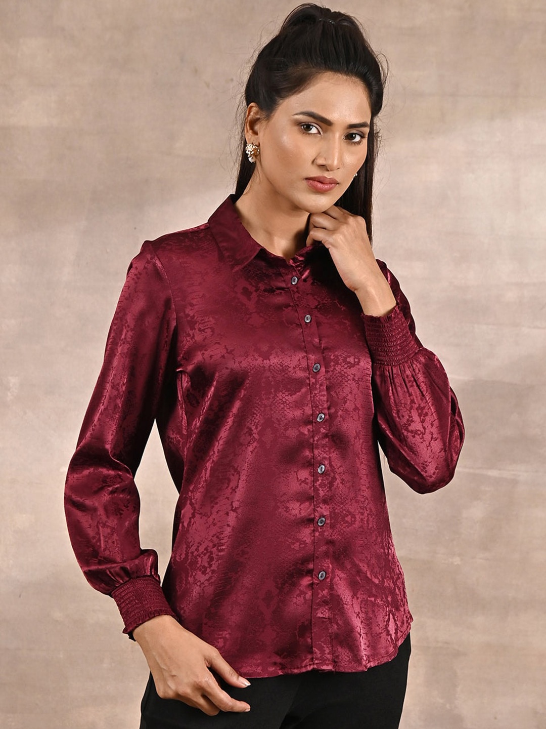 

Lakshita Self Design Comfort Formal Satin Shirt, Maroon