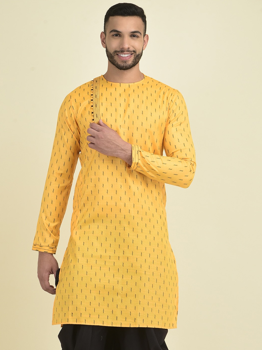 

DEYANN Round Neck Printed Cotton Kurta, Yellow