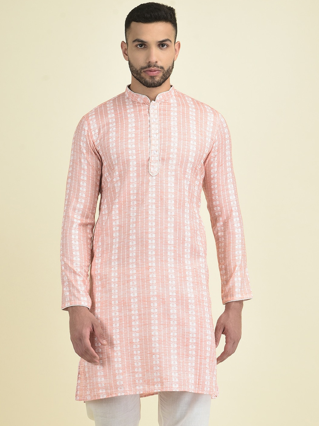 DEYANN Men Striped Woven Design Cotton Kurta, Peach