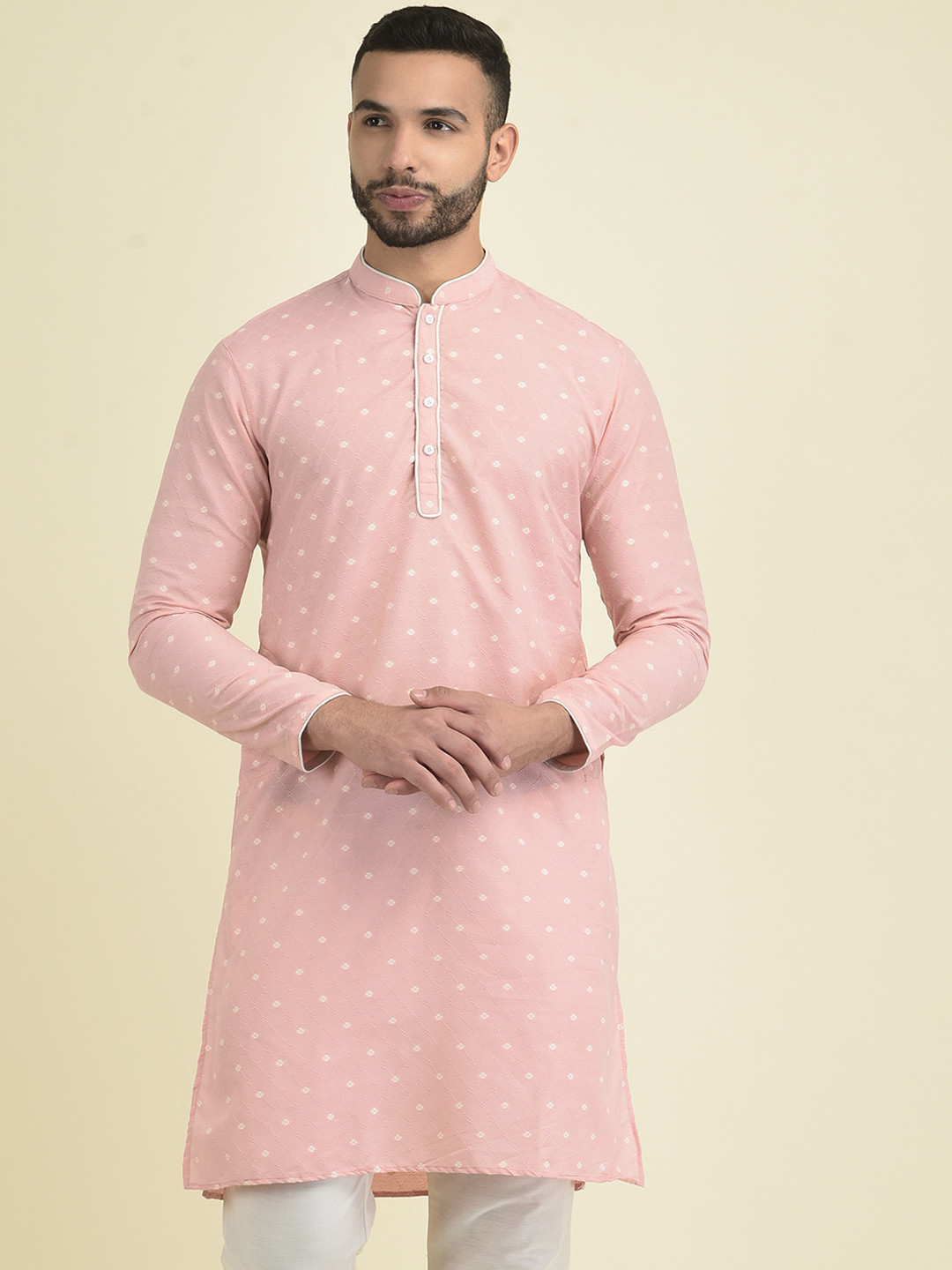 

DEYANN Woven Design Mandarin Collar Pure Cotton Kurta, Peach