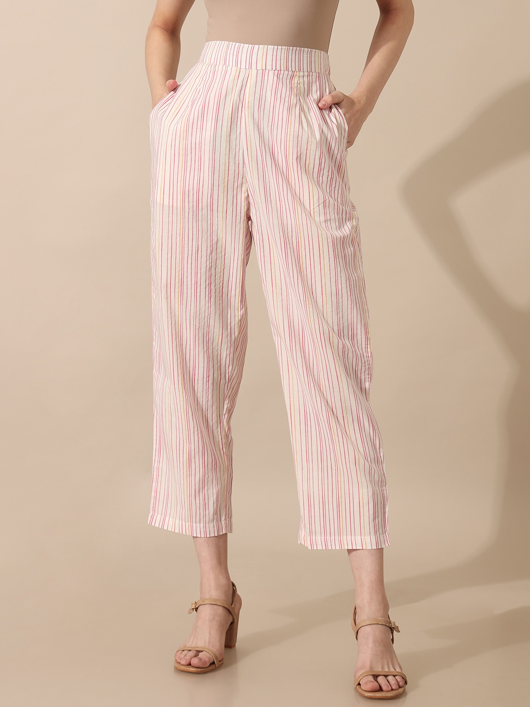 

Saaki Women Mid-Rise Comfort Striped Cotton Trousers, Off white