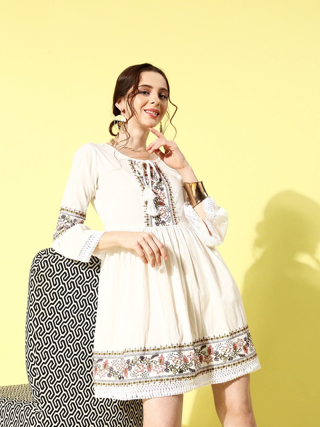 

Yufta Embroidered Keyhole Neck Ethnic A-Line Dress, White