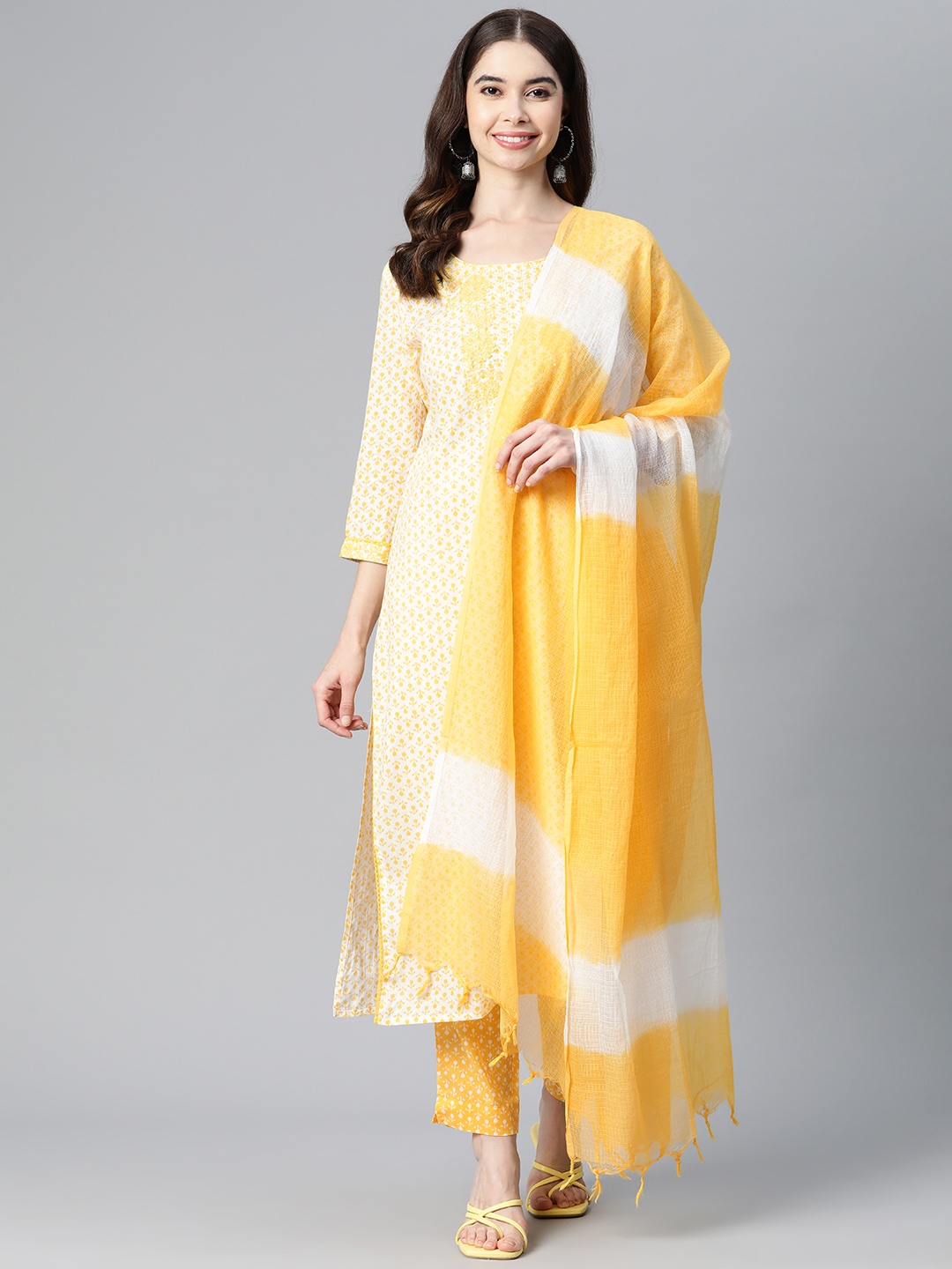 

Readiprint Fashions Floral Yoke Design Thread Work Cotton Kurta with Palazzos & Dupatta, Yellow