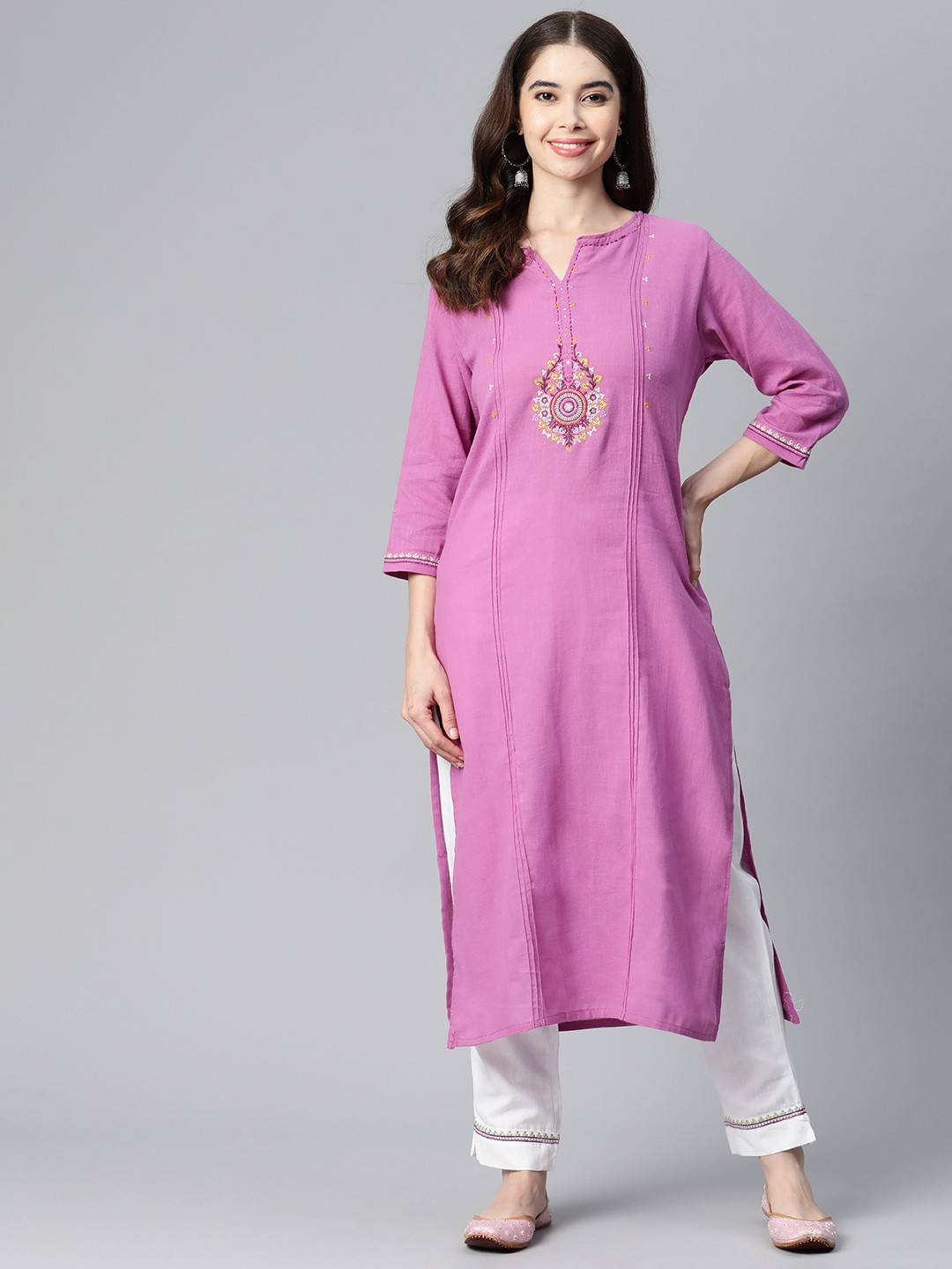 

Readiprint Fashions Floral Yoke Design Thread Work Pure Cotton Kurta with Palazzos, Purple