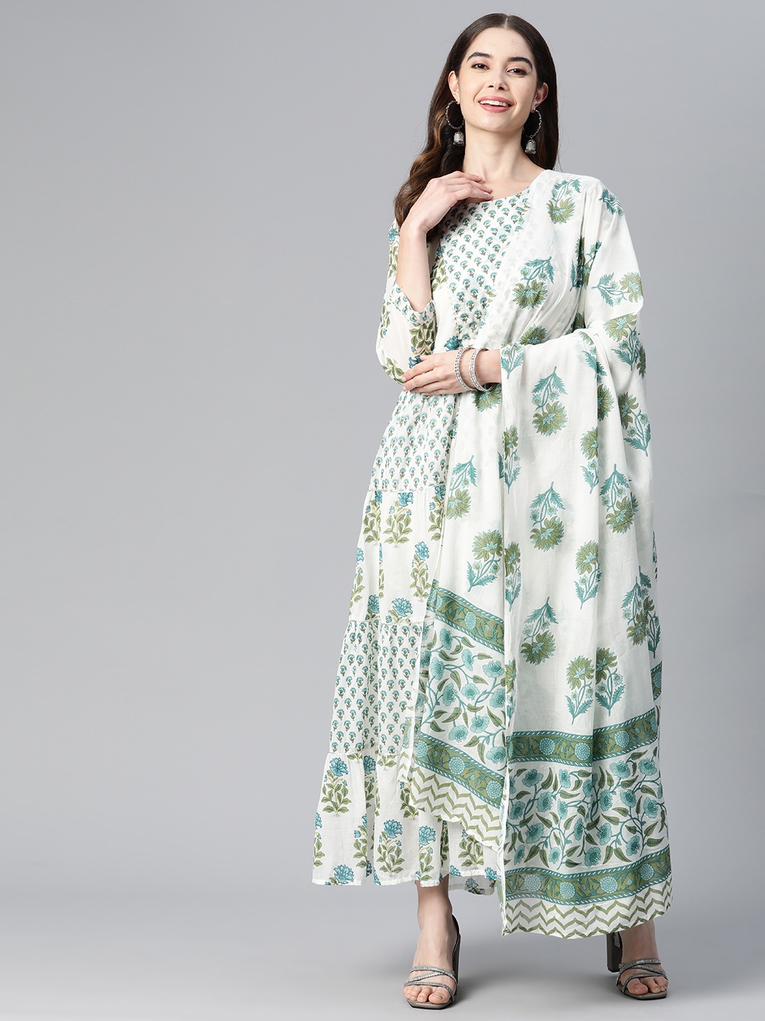 

Readiprint Fashions Floral Cotton Maxi Dress with Dupatta, White