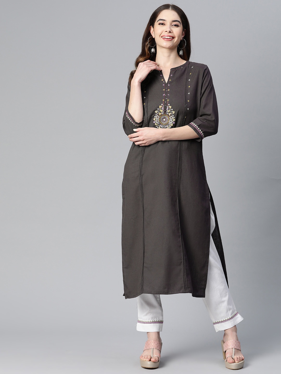 Readiprint Floral Yoke Design Thread Work Pure Cotton Kurta with Palazzos, Black