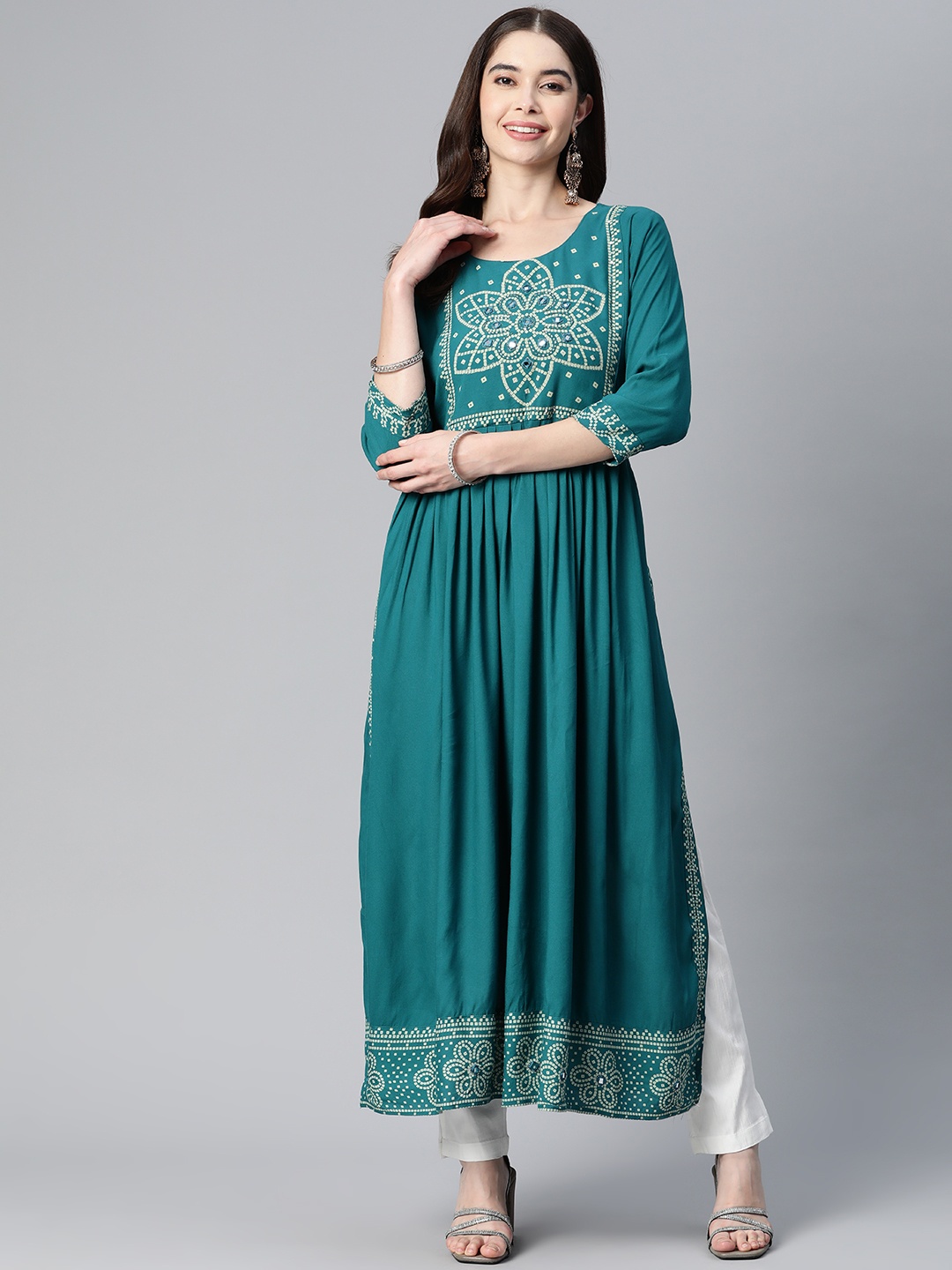 

Readiprint Bandhani Printed Mirror Work Floral Kurta, Teal