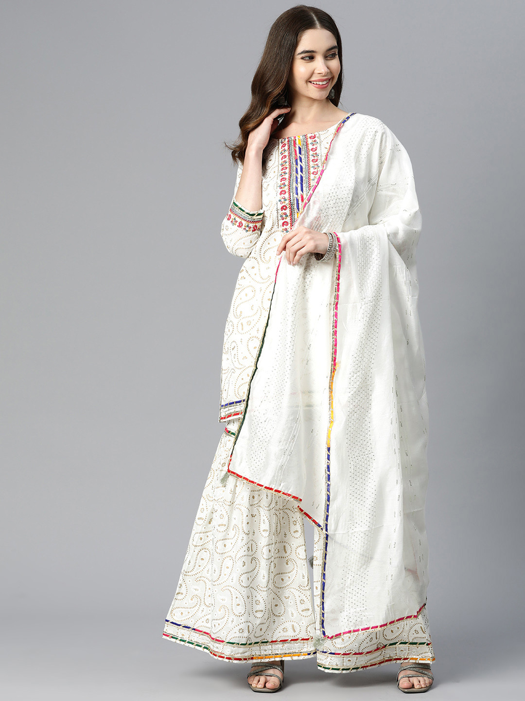 

Readiprint Fashions Paisley Yoke Design Gotta Patti Cotton Kurta with Sharara & Dupatta, White