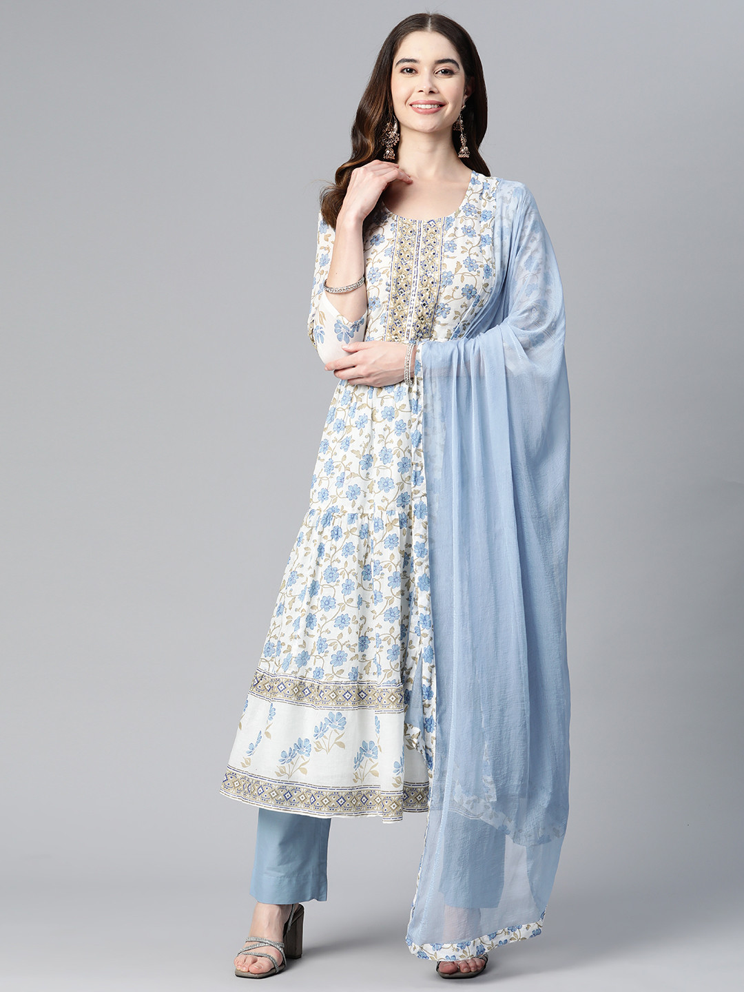 

Readiprint Fashions Floral Printed Sequinned Pure Cotton Kurta with Palazzos & Dupatta, Blue
