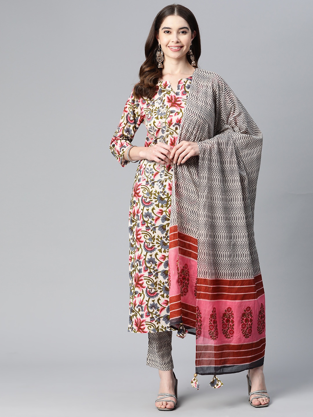

Readiprint Fashions Floral Printed Pure Cotton Kurta with Palazzos & Dupatta, Grey