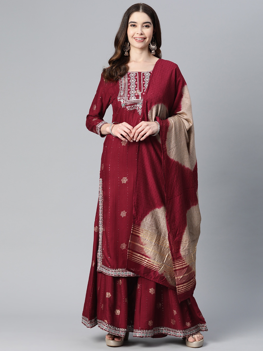 

Readiprint Fashions Ethnic Motifs Yoke Design Mirror Work Kurta with Sharara & Dupatta, Maroon
