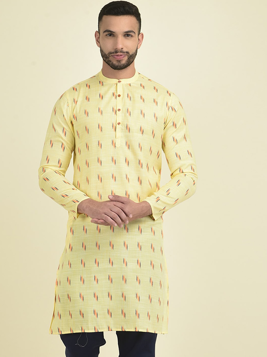 

DEYANN Band Collar Ethnic Motifs Printed Jacquard Kurta, Yellow