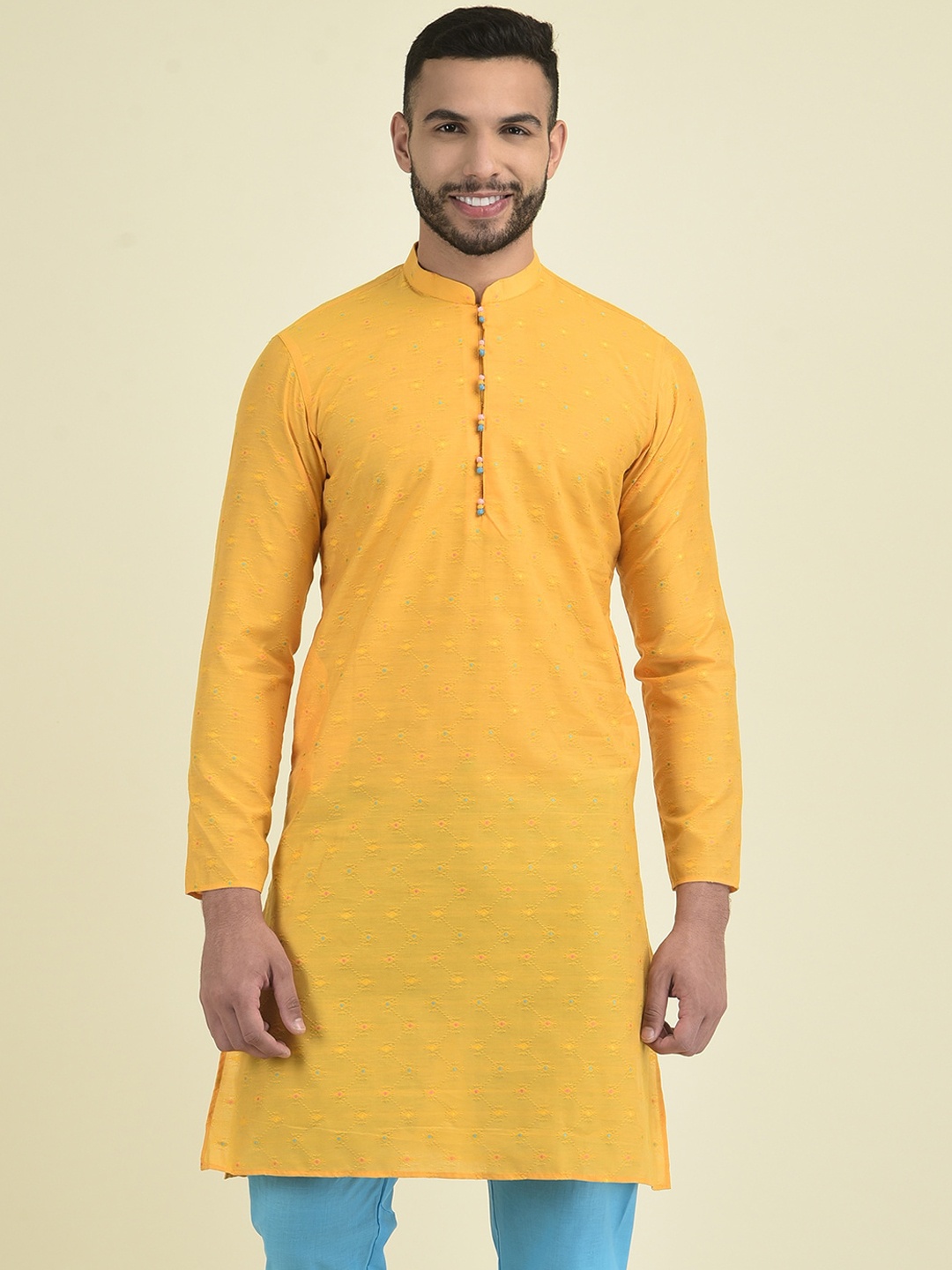 

DEYANN Floral Woven Design Mandarin Collar Kurta, Yellow