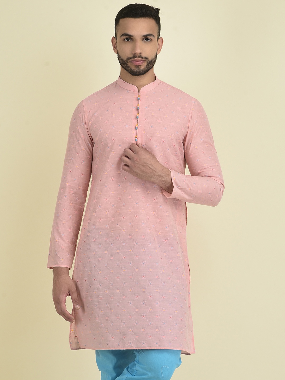 

DEYANN Thread Work Mandarin Collar Woven Design Jacquard Kurta, Peach