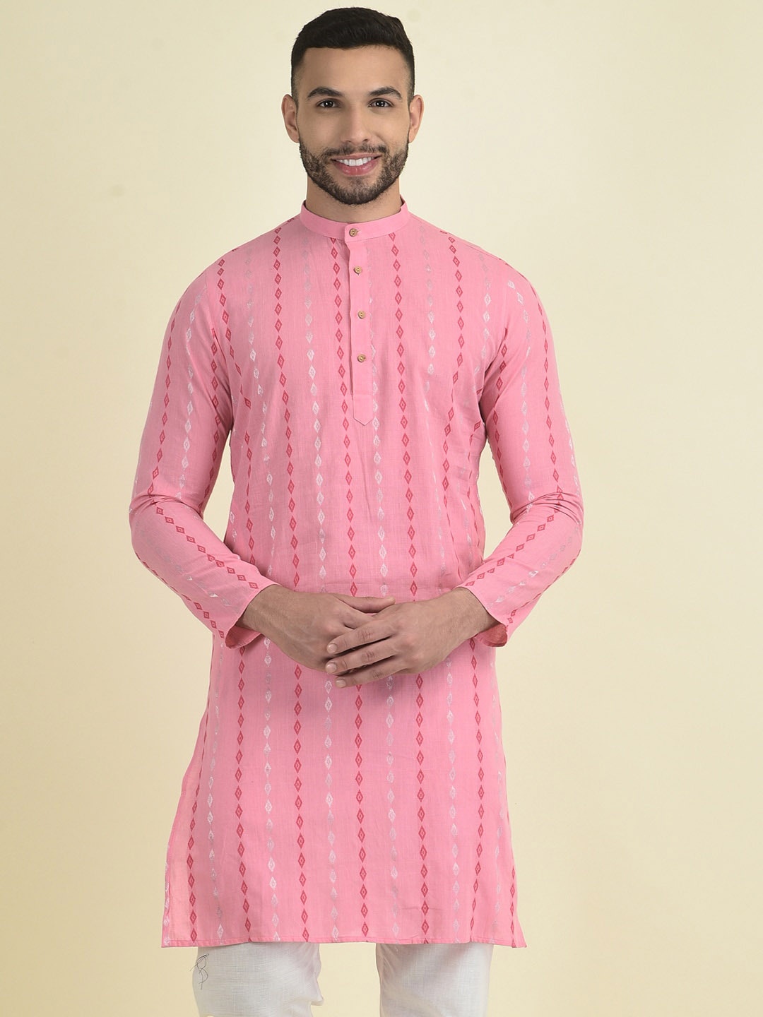 

DEYANN Mandarin Collar Thread Work Kurta, Pink