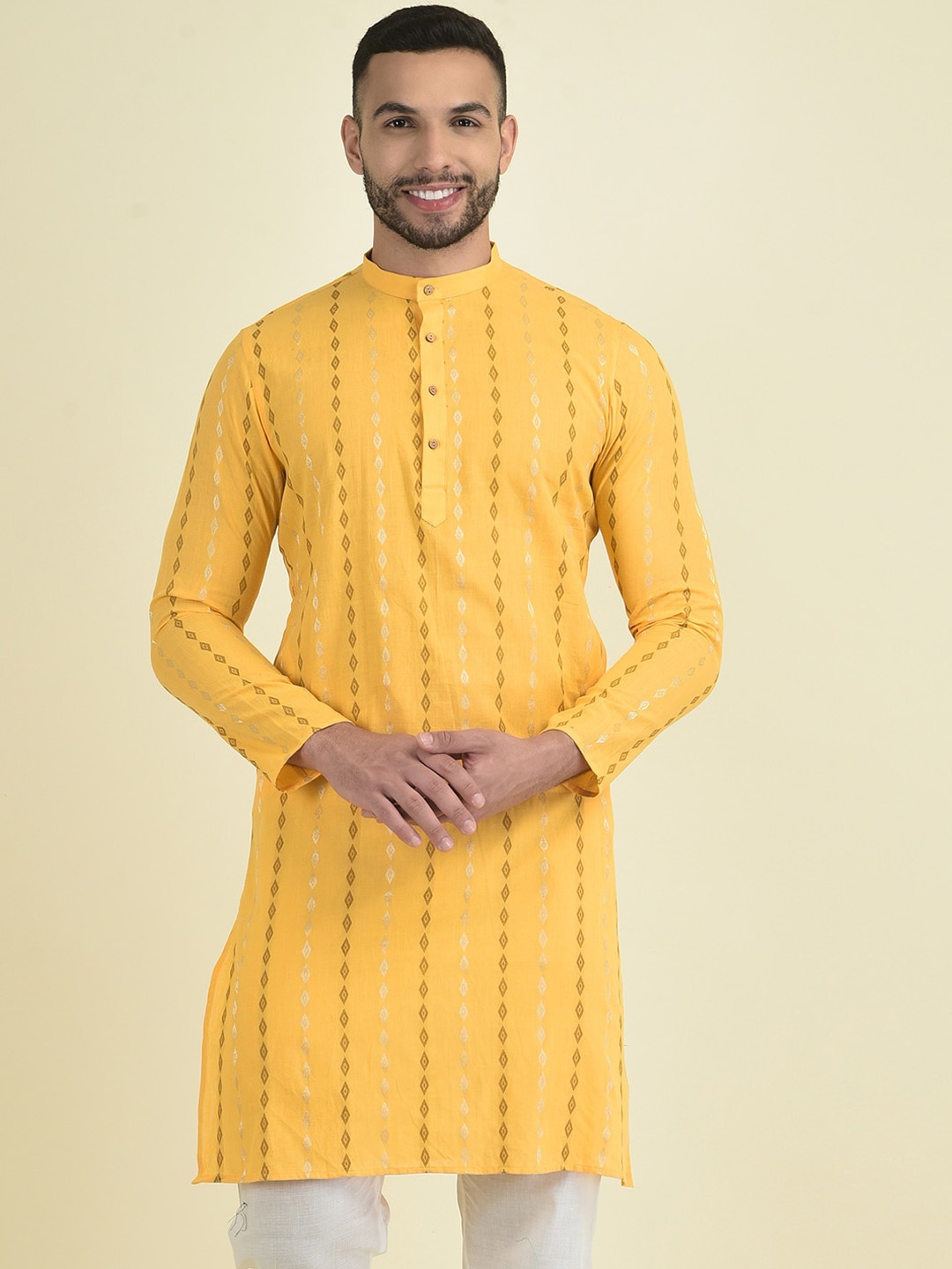 

DEYANN Mandarin Collar Striped Woven Design Thread Work Jacquard Cotton Straight Kurta, Yellow