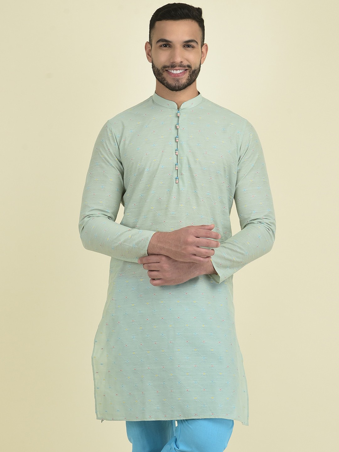 

DEYANN Mandarin Collar Ethnic Motifs Embroidered Jacquard Kurta, Green