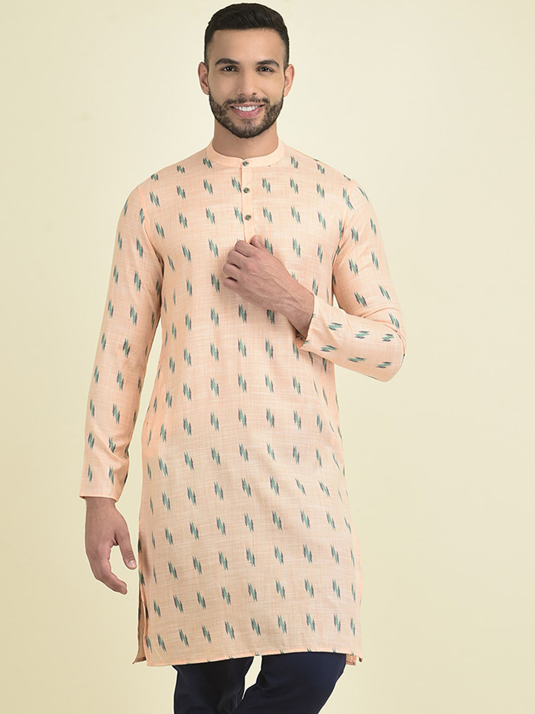

DEYANN Band Collar Ethnic Motifs Printed Jacquard Kurta, Orange