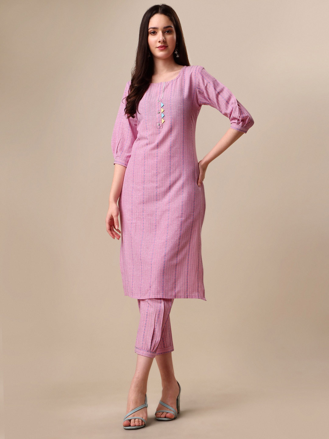 

KALINI Women Woven Striped Thread Work Kurta with Trousers, Pink