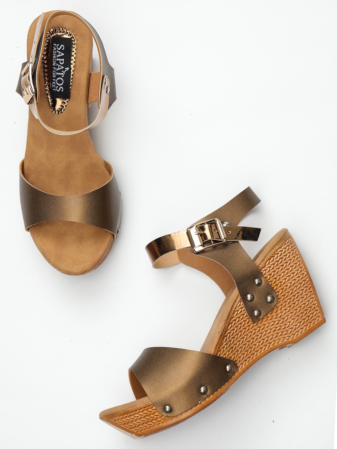 

SAPATOS Textured Open Toe Buckle Detail Wedges, Copper