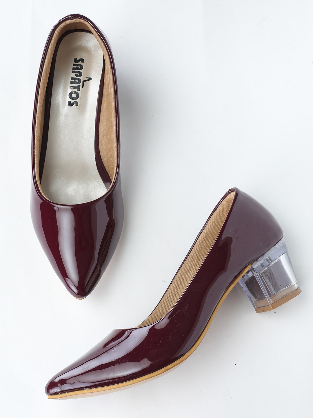 

SAPATOS Solid Pointed Toe Block Pumps, Maroon