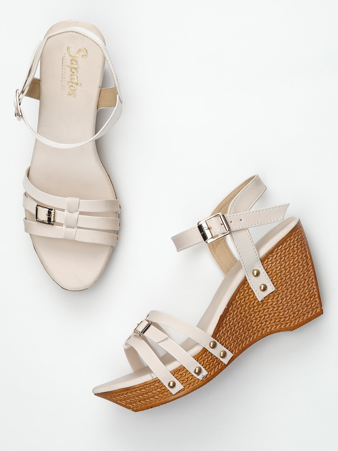 

SAPATOS Women Buckle Detailed Wedge Heels, Cream