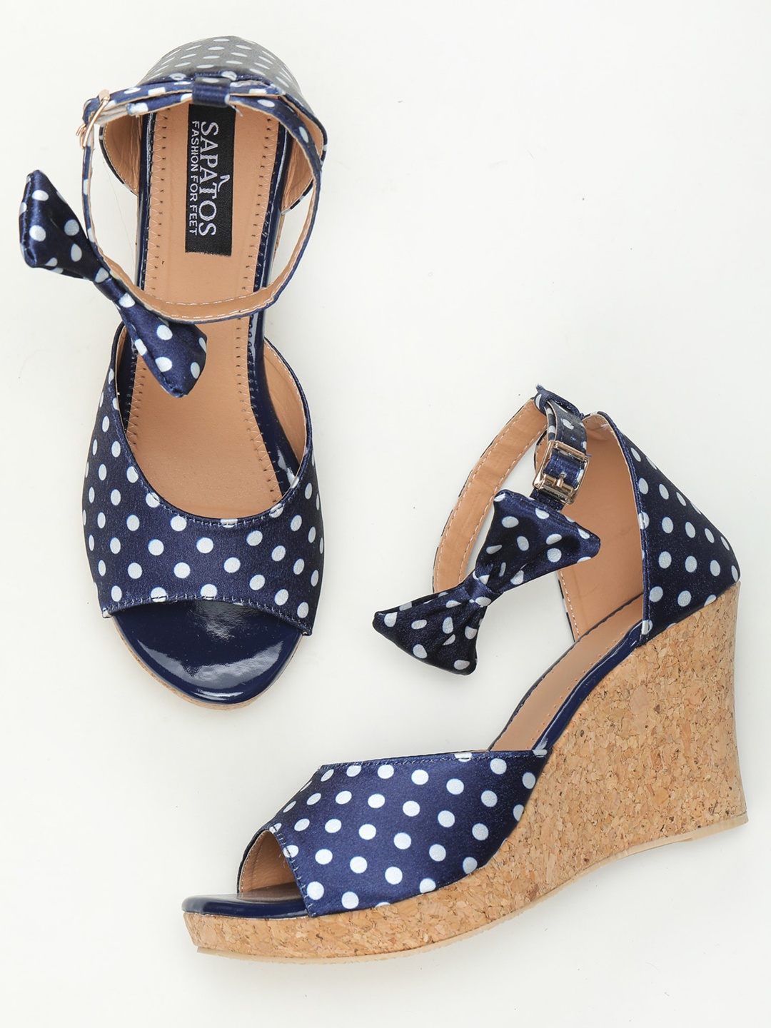 

SAPATOS Polka Dot Printed Wedge Heel with Bows, Navy blue