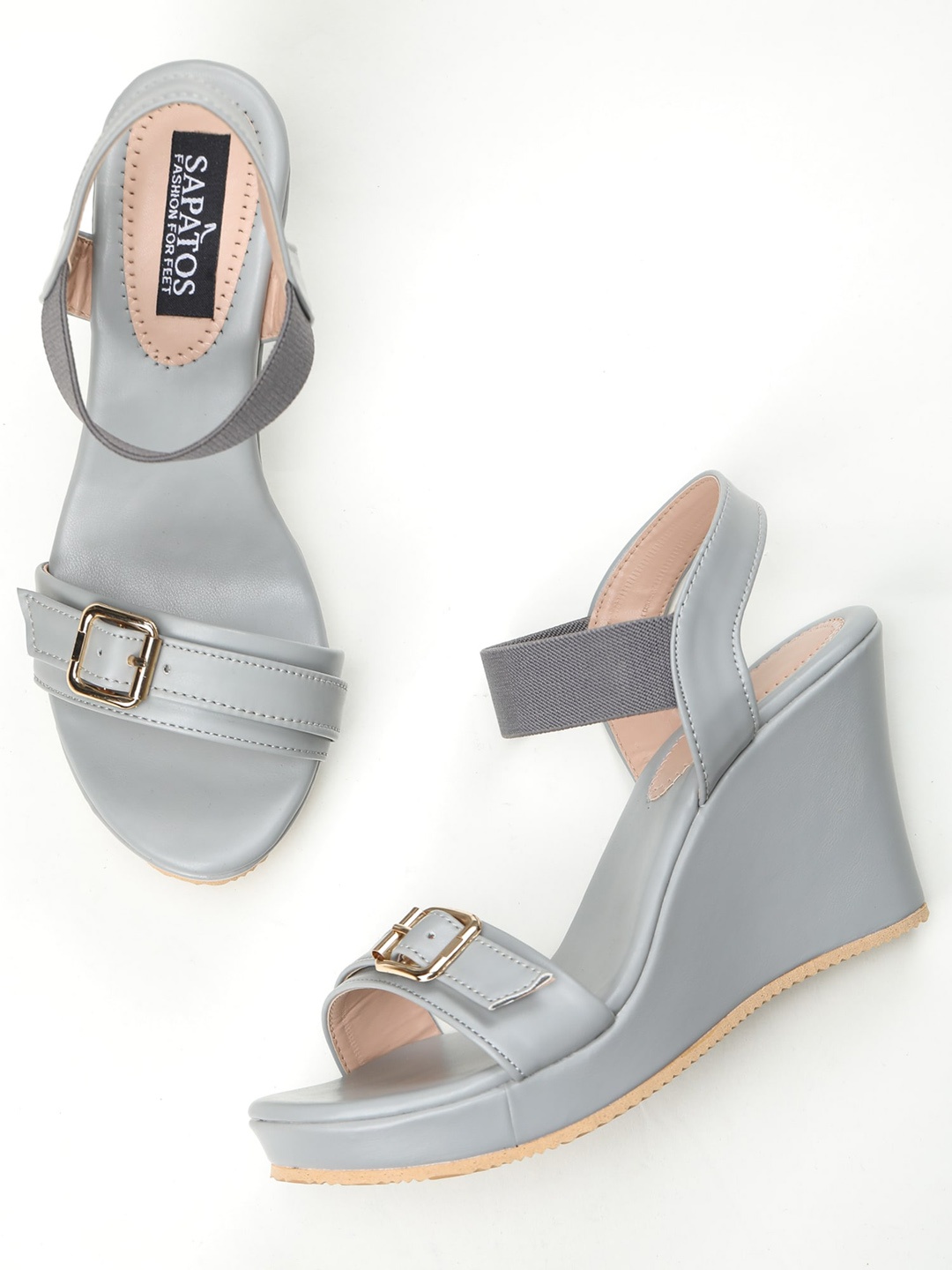 

SAPATOS Solid Wedge Heels with Buckles, Grey