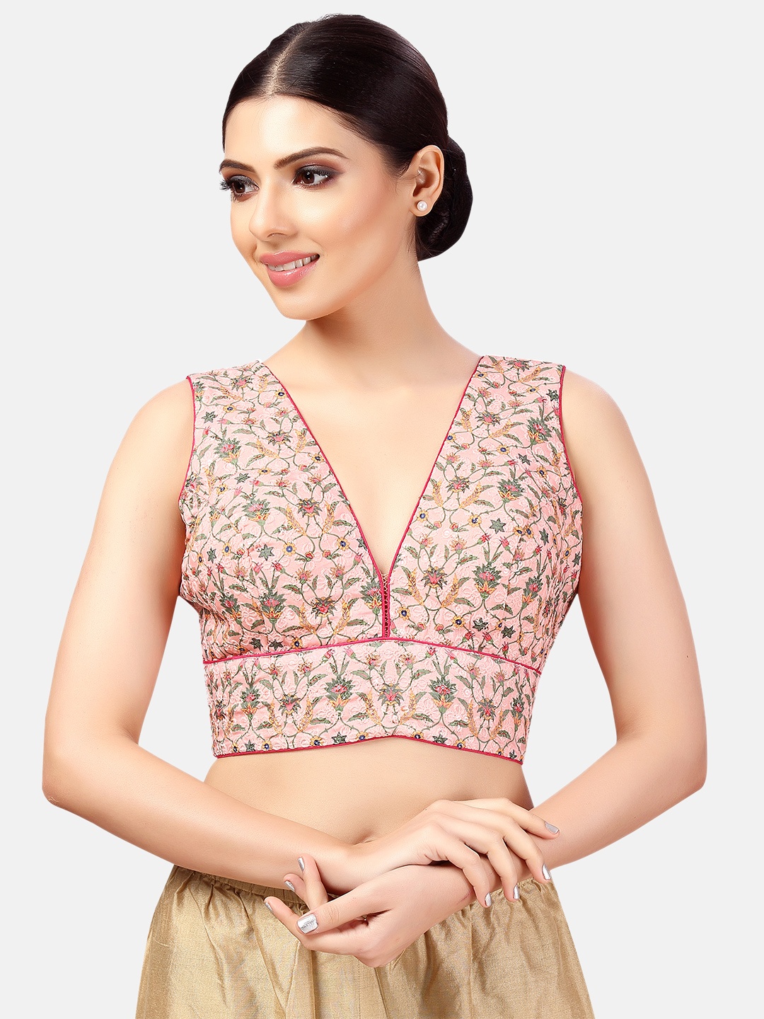 

Studio Shringaar Chikankari Embroidered Padded Pure Cotton Saree Blouse, Pink