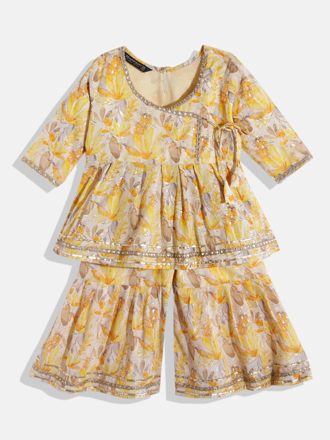 

Readiprint Fashions Girls Floral Printed Angrakha Gotta Patti Cotton Kurta with Sharara, Yellow