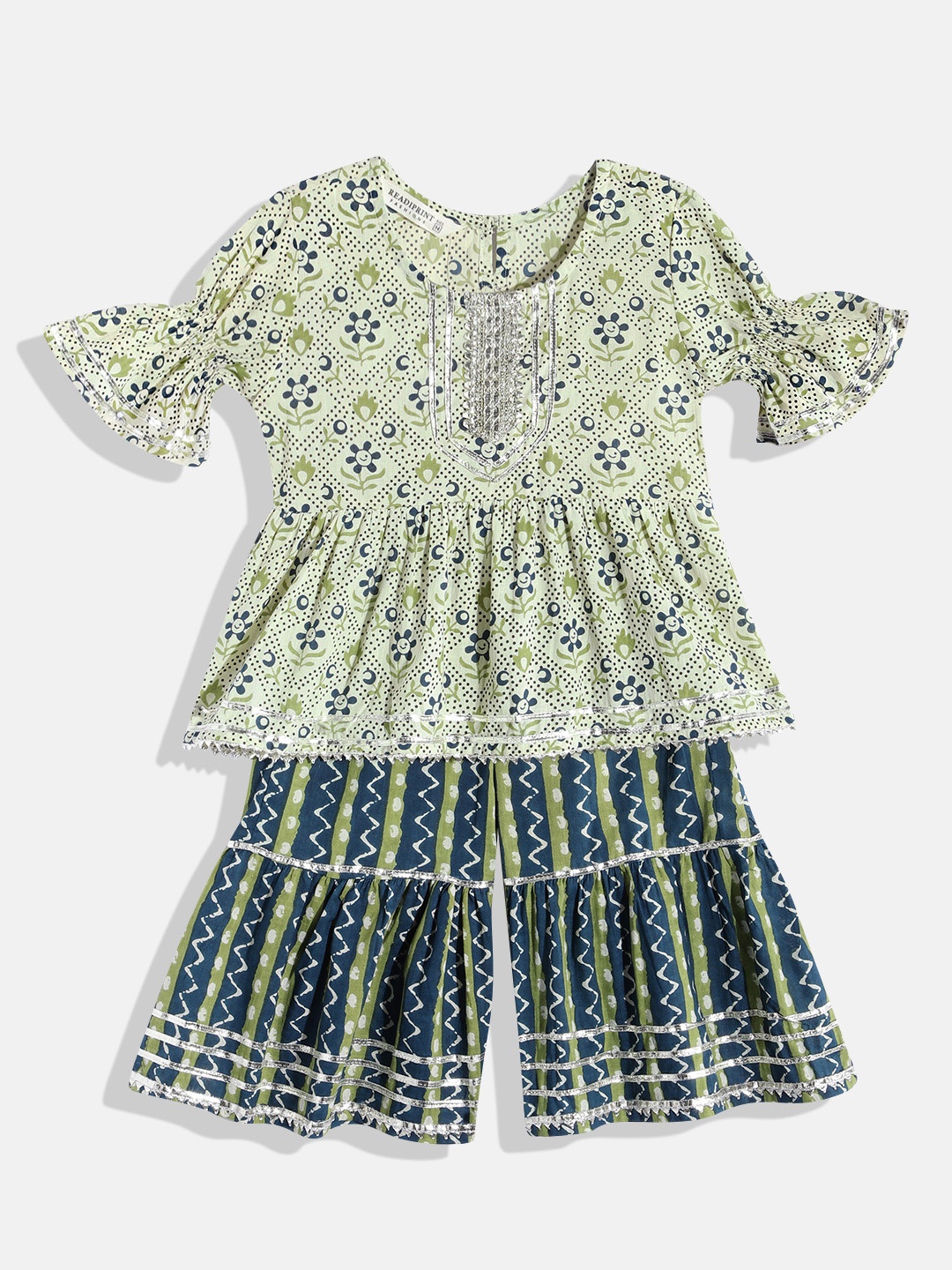 

Readiprint Girls Floral Printed Pleated Gotta Patti Cotton Kurti with Sharara, Green