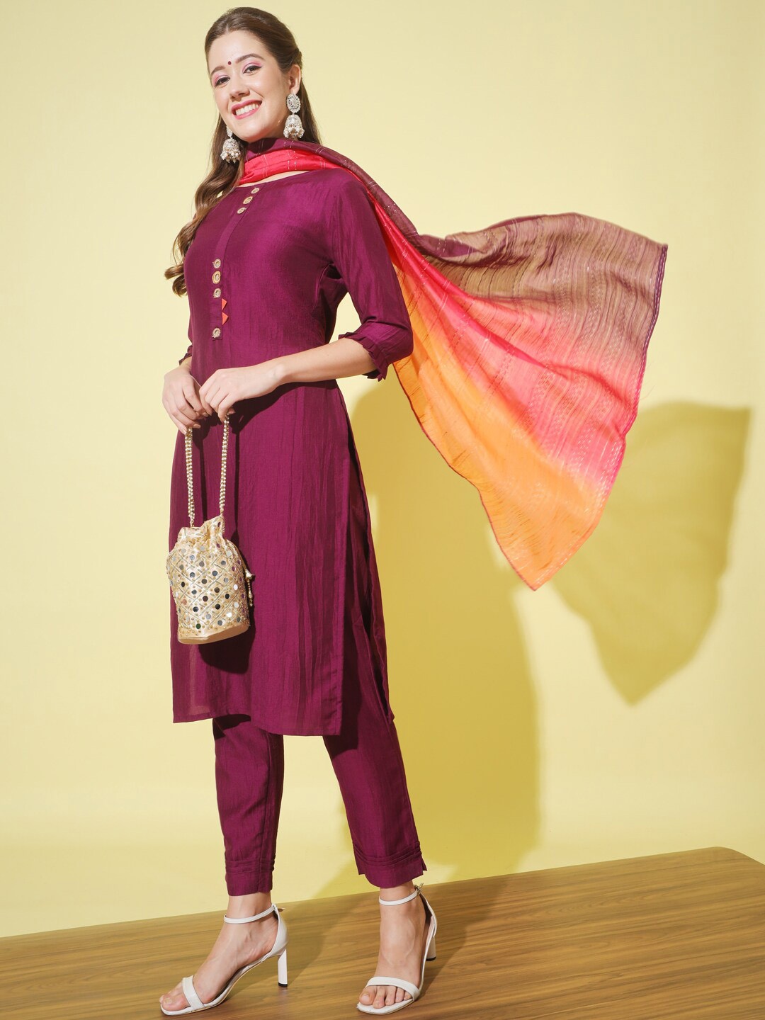 

KALINI Mirror Work Ruffle Chinon Kurta with Trousers Ombre Dupatta Set, Purple