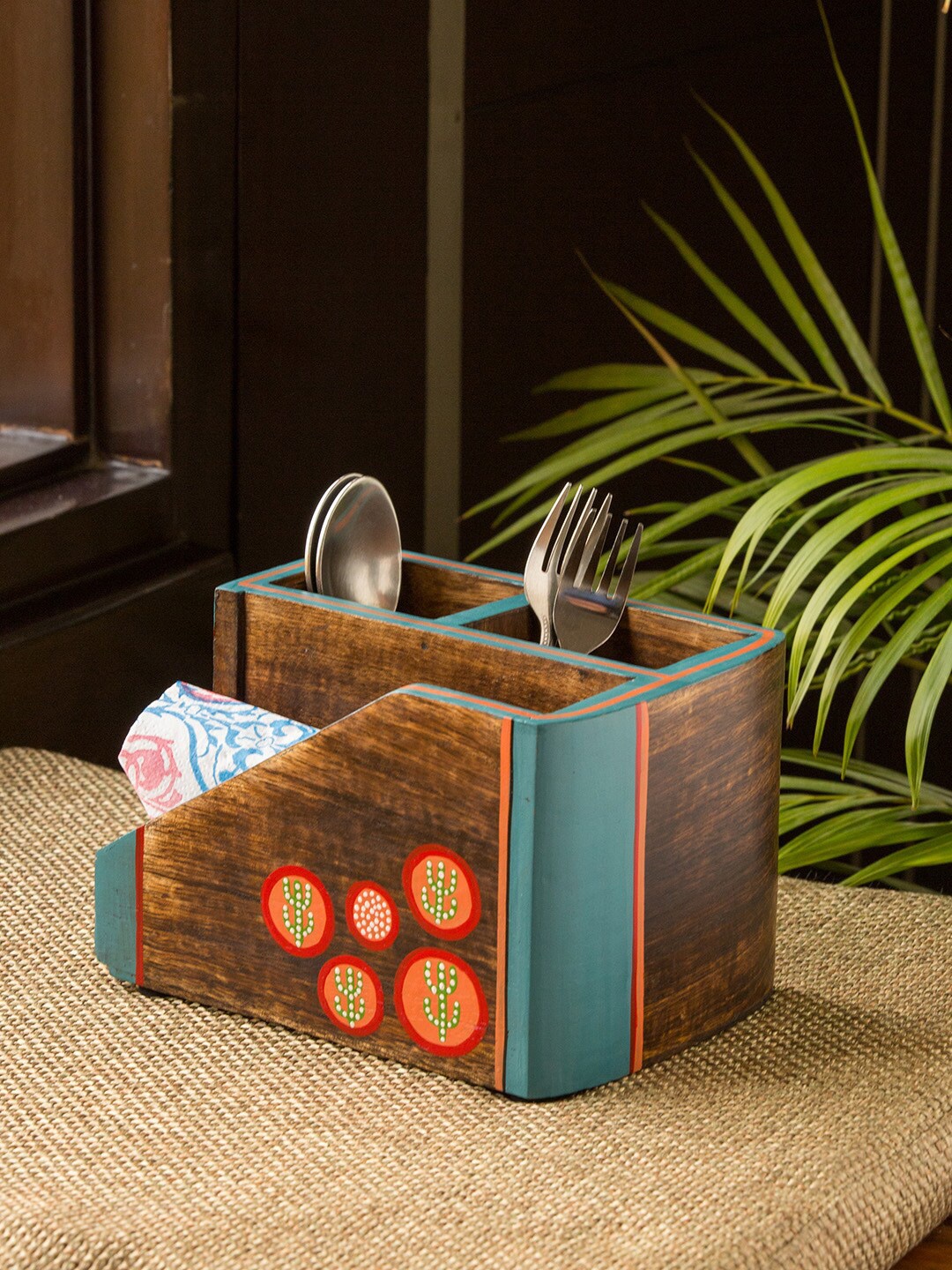 

ExclusiveLane Brown & Turquoise Blue Printed Wooden Cutlery Holder