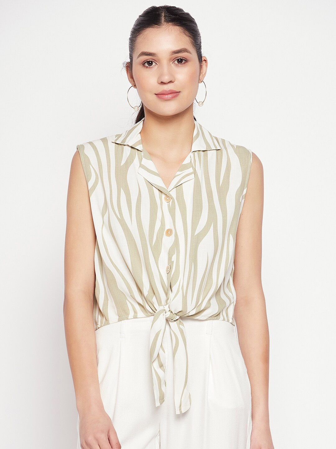 

Madame Striped Tie-Up Shirt Style Top, Olive