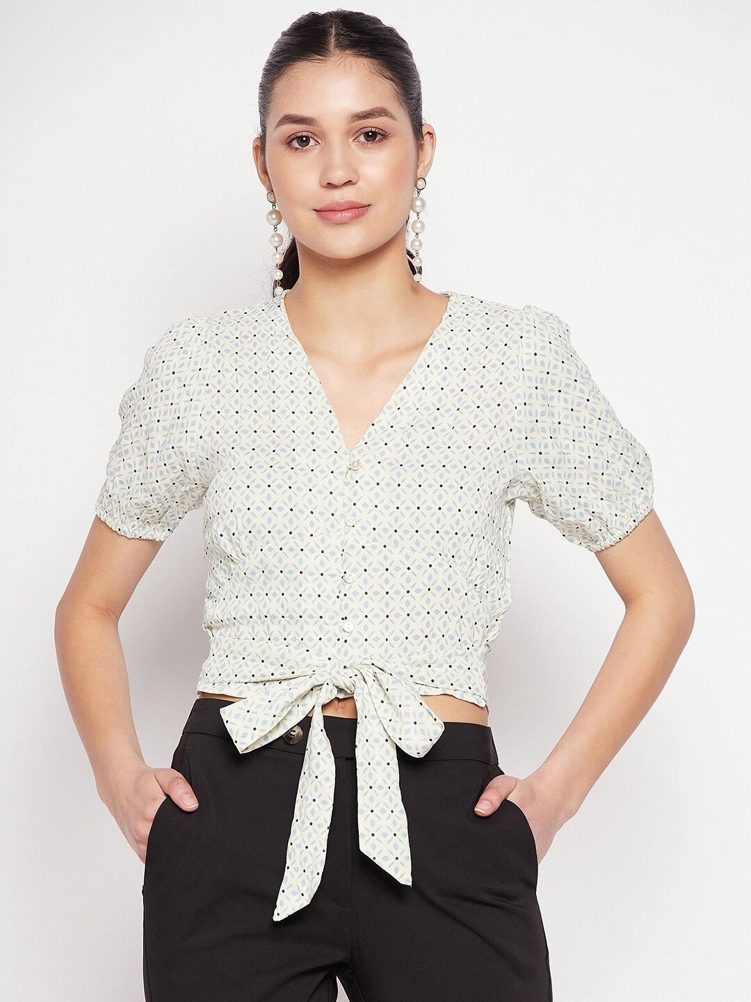 

Madame V-Neck Geometric Print Tie-Up Shirt Style Crop Top, Cream