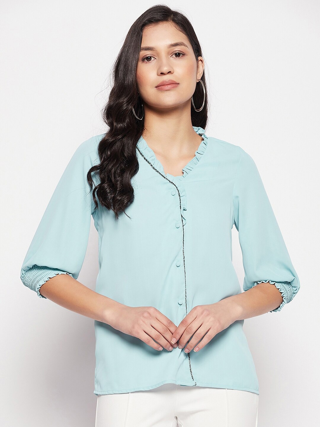 

Madame Mandarin Collar Cuffed Sleeves Shirt Style Top, Blue