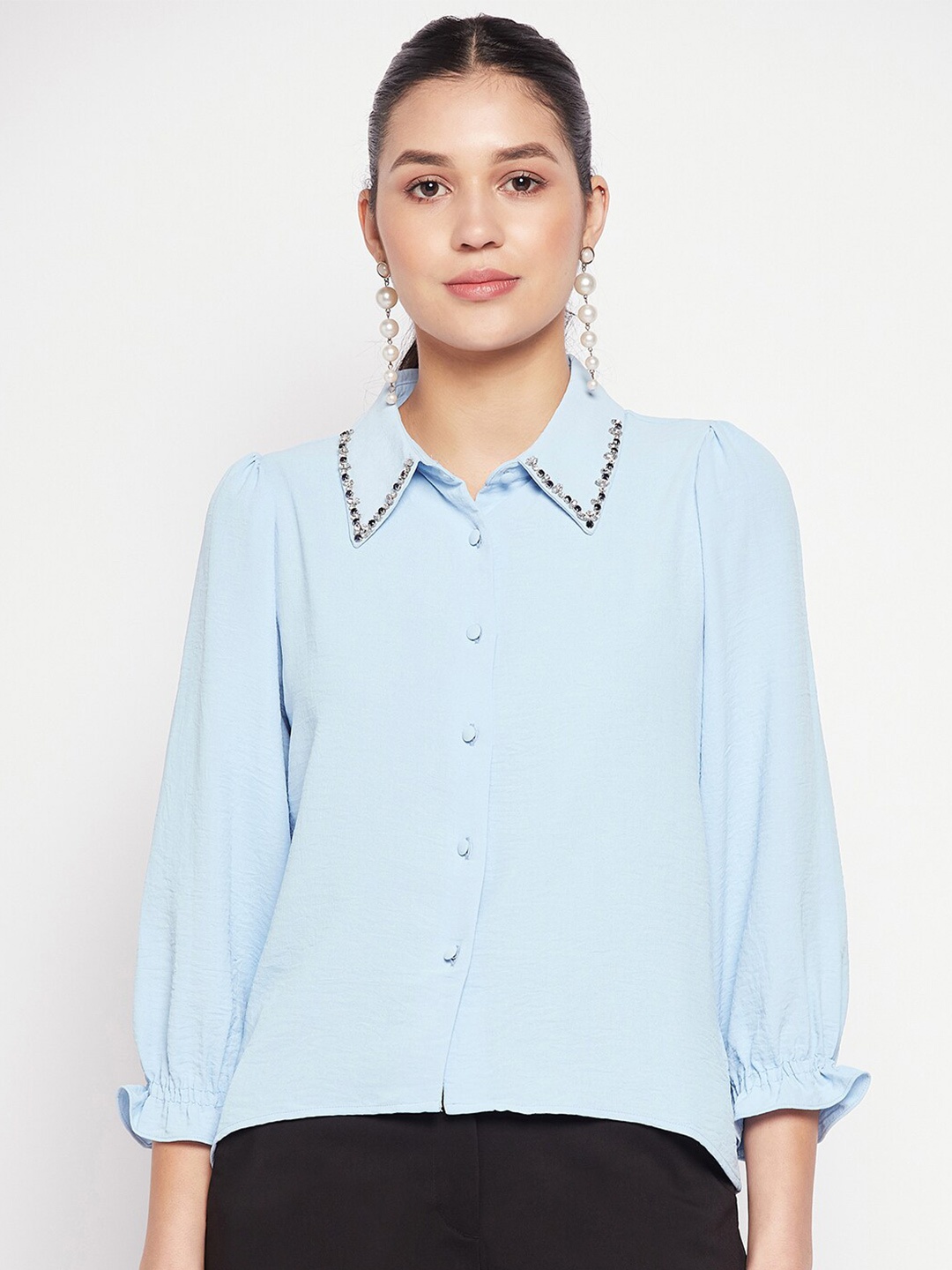 

Madame Bell Sleeves Embellished Casual Shirt, Blue