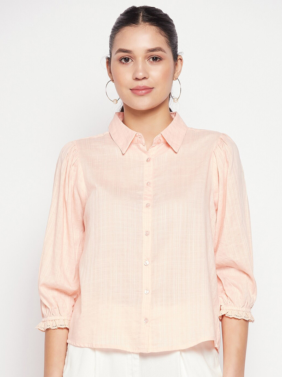 

Madame Puff Sleeves Striped Casual Shirt, Peach