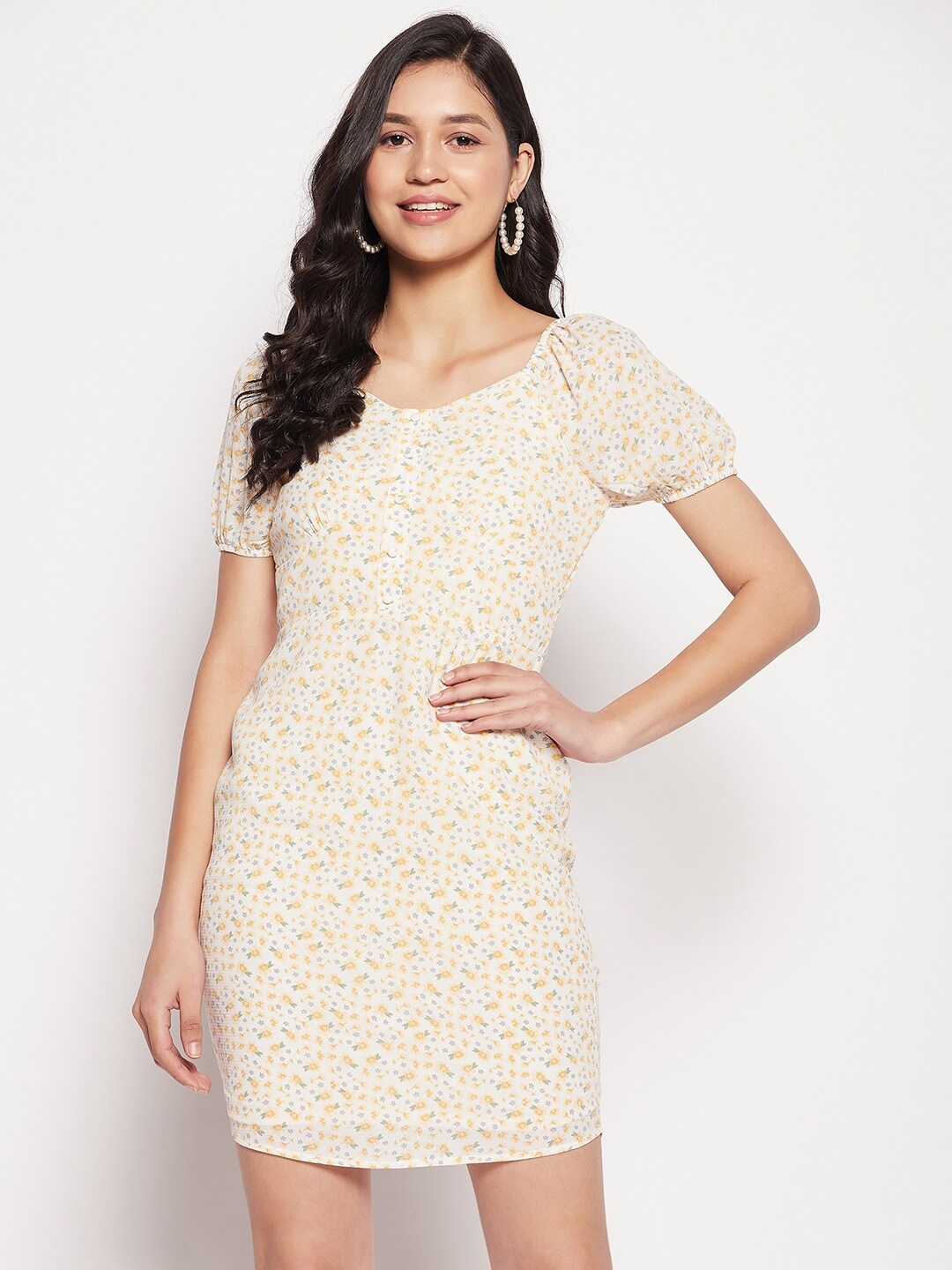 

Madame Floral Printed Puff Sleeves Sheath Dress, Yellow