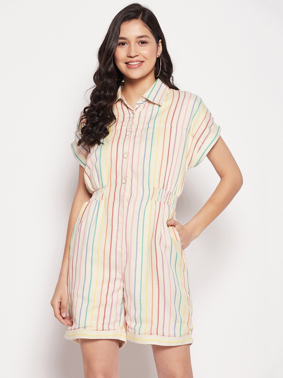 

Madame Vertical Striped Playsuit, Beige
