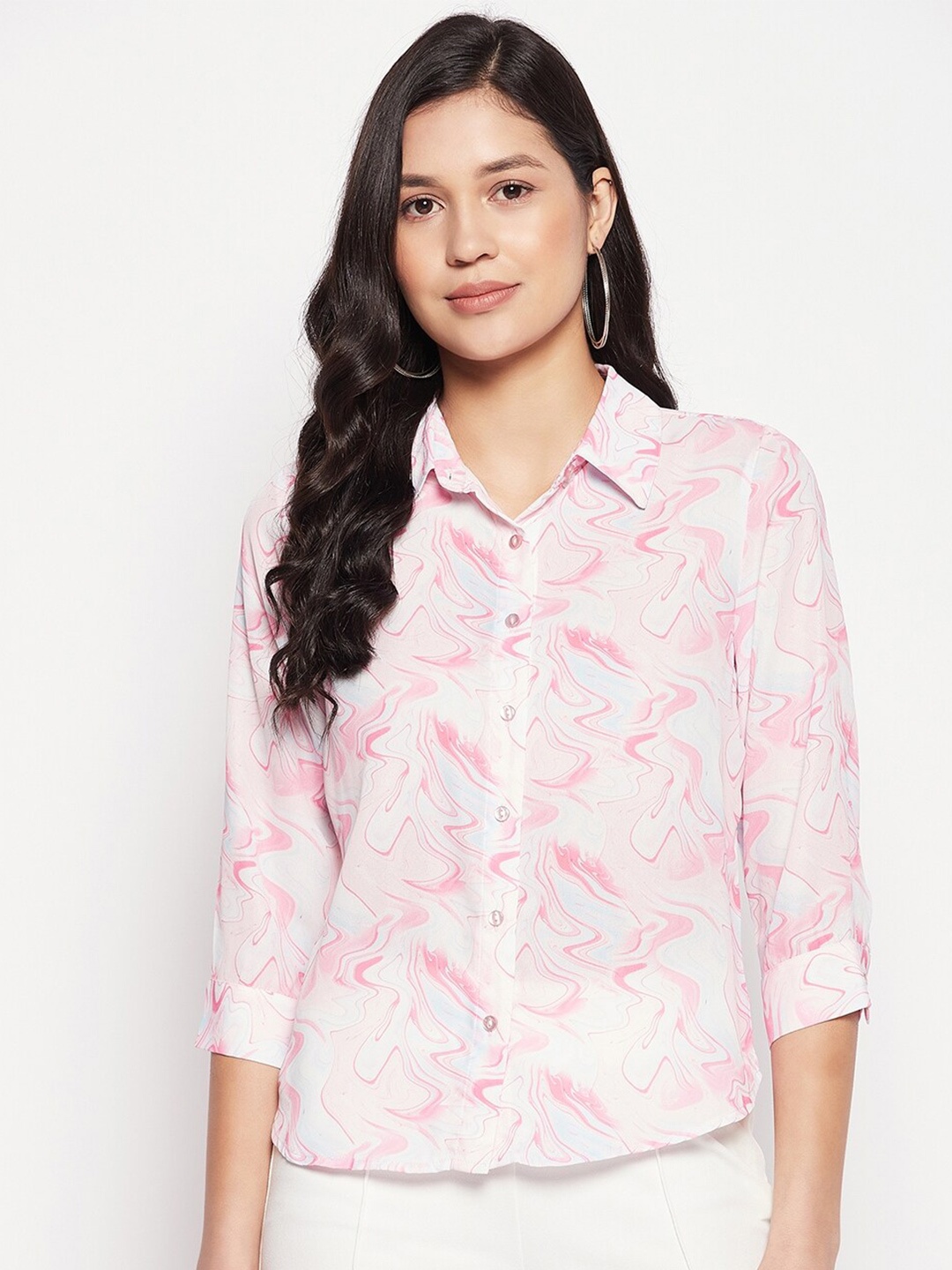 

Madame Spread Collar Abstract Printed Casual Shirt, Pink