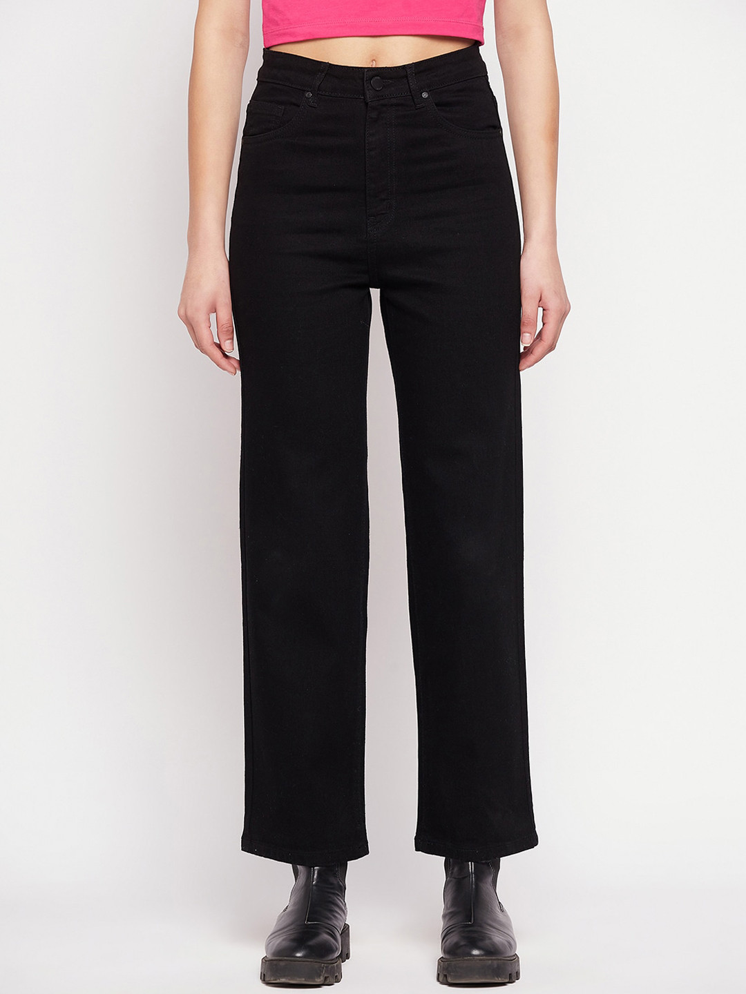 

Madame Women Mid Rise Frayed Cotton Jeans, Black