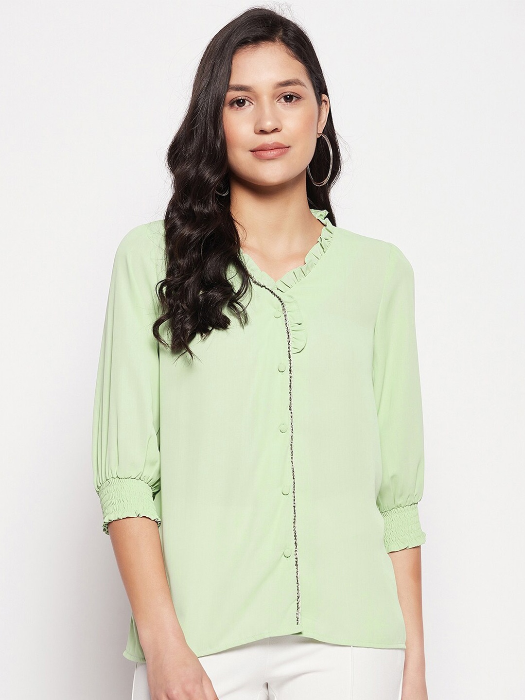 

Madame Puff Sleeves Ruffles V-Neck Shirt Style Top, Green