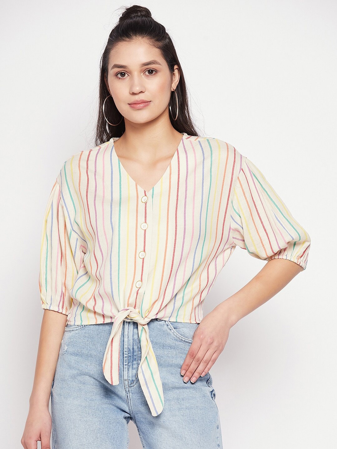 

Madame Waist Tie-Up V-Neck Striped Shirt Style Top, Beige